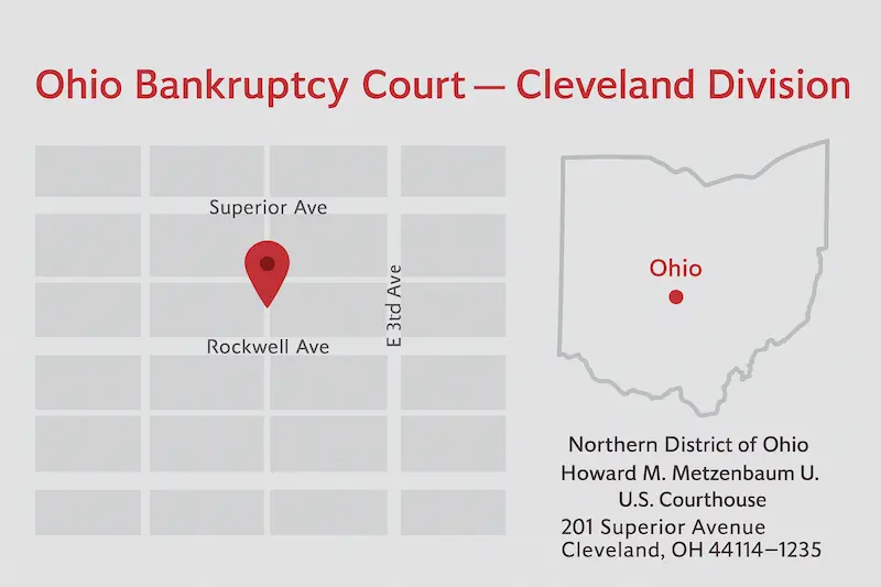 U.S. Bankruptcy Court, Cleveland Division map showing Howard M. Metzenbaum U.S. Courthouse, 201 Superior Ave, Cleveland, OH 44114.