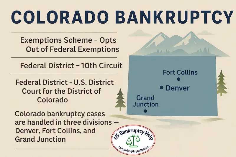 Wide infographic titled “Colorado Bankruptcy” on a beige background showing key facts about Colorado bankruptcy law, including that the state opts out of federal exemptions, is in the 10th Circuit, and uses the U.S. District Court for the District of Colorado, with a simple map of Colorado labeled Denver, Fort Collins, and Grand Junction and the US Bankruptcy Help logo at the bottom right.