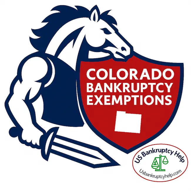 Illustrated Colorado Bankruptcy Exemptions logo showing a strong knight-style horse holding a sword and red shield with the words Colorado Bankruptcy Exemptions and a small Colorado state icon, with the US Bankruptcy Help oval logo in the bottom right corner.
