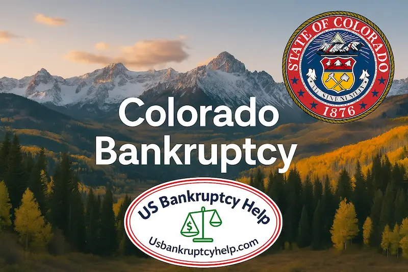 Hero image for a Colorado bankruptcy information page showing snow-capped Rocky Mountains and golden aspen trees at sunset with the heading "Colorado Bankruptcy" in white text, the Colorado state seal in the upper right corner, and the US Bankruptcy Help logo centered near the bottom.