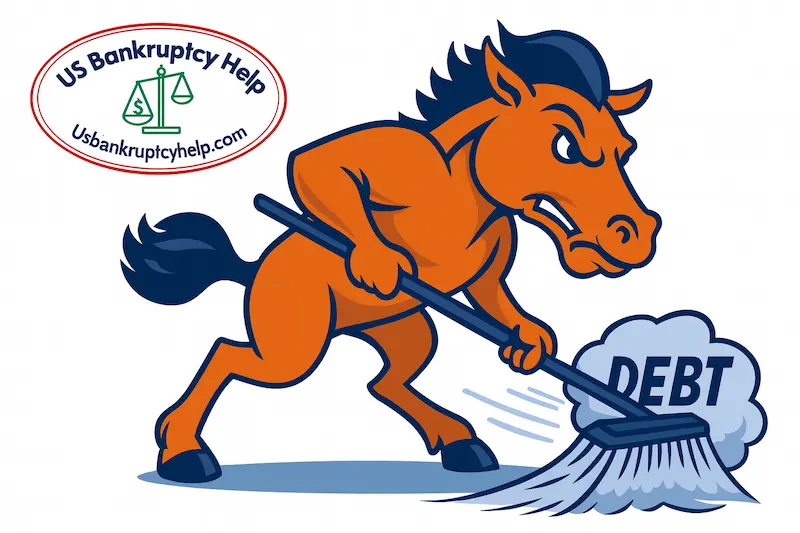 Cartoon-style orange bronco with a navy mane using a broom to sweep away a cloud labeled “DEBT,” with the US Bankruptcy Help logo in the corner, symbolizing wiping the slate clean of debt for Colorado bankruptcy filers.