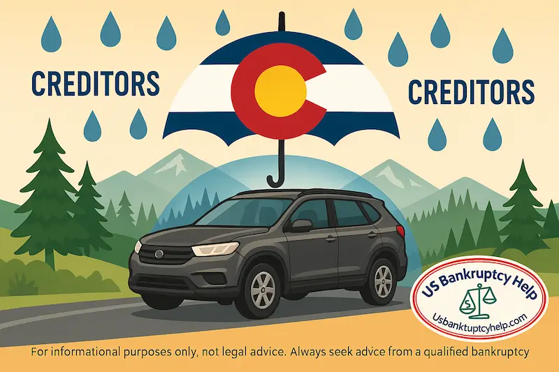 Flat illustration of a Colorado family car parked in the mountains under a Colorado flag shield blocking creditor rain, symbolizing protection from creditors through the Colorado motor vehicle bankruptcy exemption, with the US Bankruptcy Help logo.