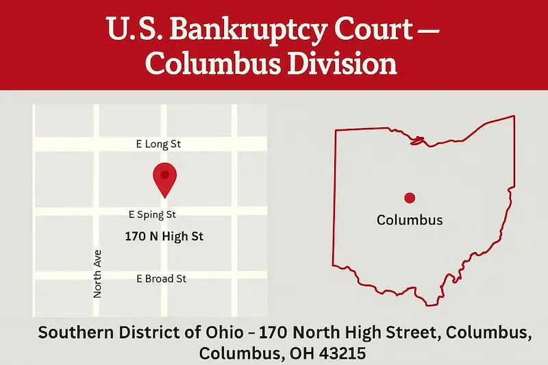 U.S. Bankruptcy Court, Columbus Division map, 170 North High St, Columbus, OH 43215.
