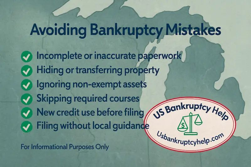 Checklist-style image with green checkmarks and red X marks illustrating common bankruptcy mistakes to avoid in Wisconsin, with a faint outline of the state and the US Bankruptcy Help logo.