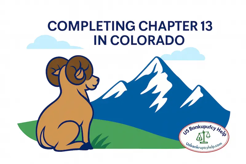 Illustration of a Rocky Mountain bighorn sheep sitting on a grassy hill and looking toward a snow-capped mountain, with the heading “Completing Chapter 13 in Colorado” and the US Bankruptcy Help logo in the corner, symbolizing freedom after finishing a chapter 13 bankruptcy plan.