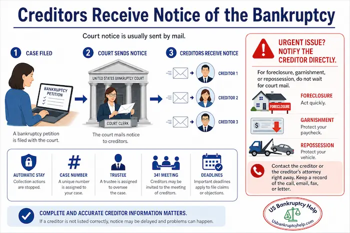Infographic explaining that bankruptcy creditors usually receive court notice by mail and that urgent issues like foreclosure, garnishment, or repossession may require direct creditor notification.