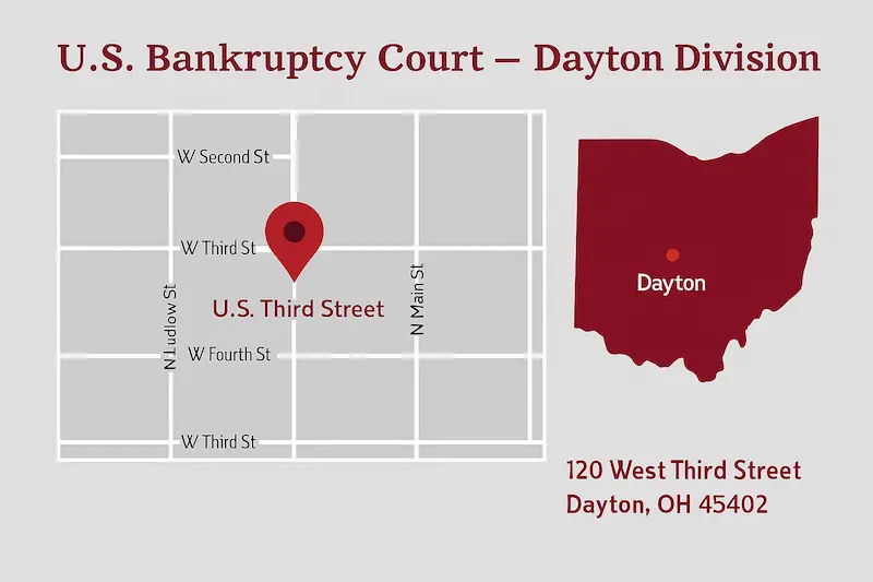 U.S. Bankruptcy Court, Dayton Division map, 120 West Third St, Dayton, OH 45402.