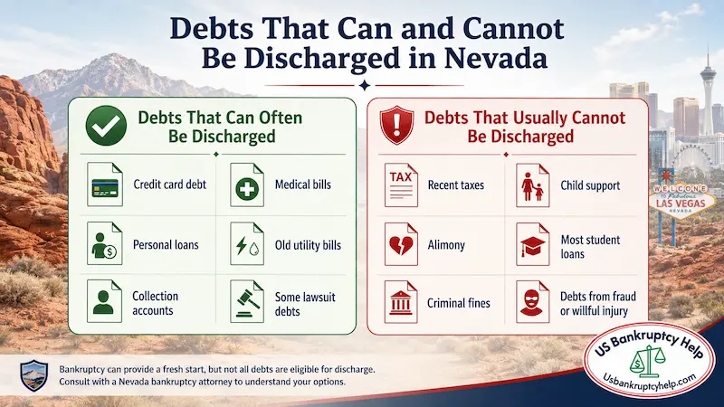 Nevada bankruptcy infographic comparing debts that may be discharged with debts that usually cannot be discharged, including credit cards, medical bills, taxes, support obligations, and student loans.