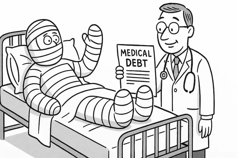 Black-and-white cartoon: patient in a full-body cast receives a “Medical Debt” bill from a doctor—illustrates how bankruptcy can relieve medical bills.