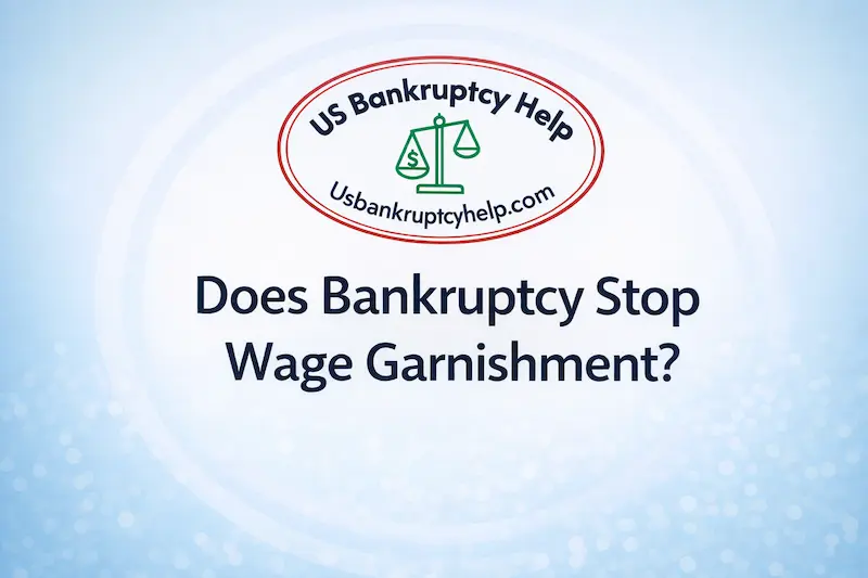 Hero image for the US Bankruptcy Help article “Does Bankruptcy Stop Wage Garnishment?” with the US Bankruptcy Help logo and scales of justice branding.