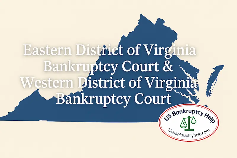 Graphic with the heading “Eastern District of Virginia Bankruptcy Court & Western District of Virginia Bankruptcy Court” over a blue silhouette map of Virginia, branded with the US Bankruptcy Help logo, for informational purposes only, not legal advice, and advising viewers to seek advice from a qualified bankruptcy attorney.