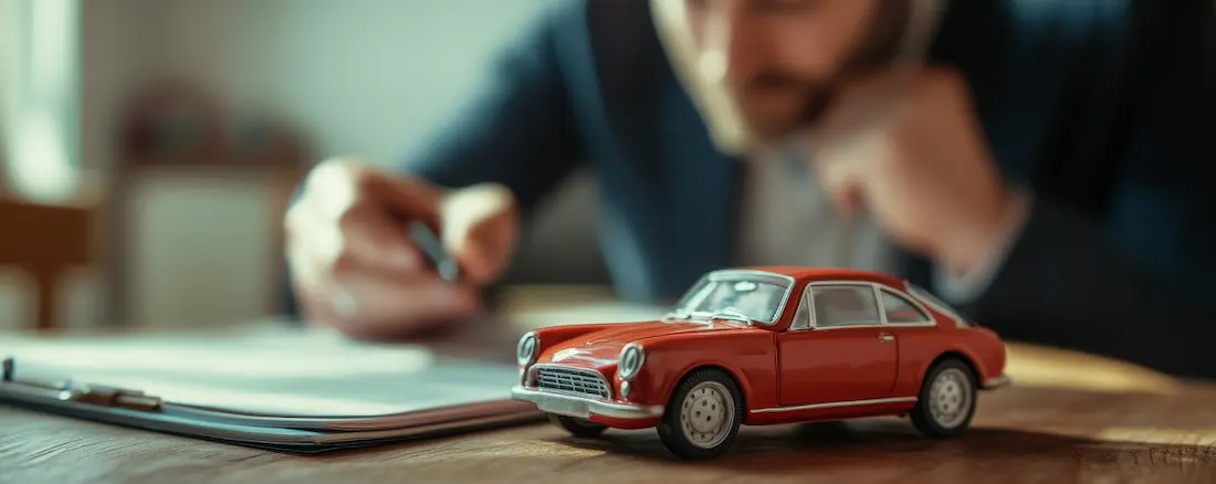 Man reviewing bankruptcy paperwork at a desk with a red toy car in the foreground, symbolizing concerns about whether you can file bankruptcy and keep your car.