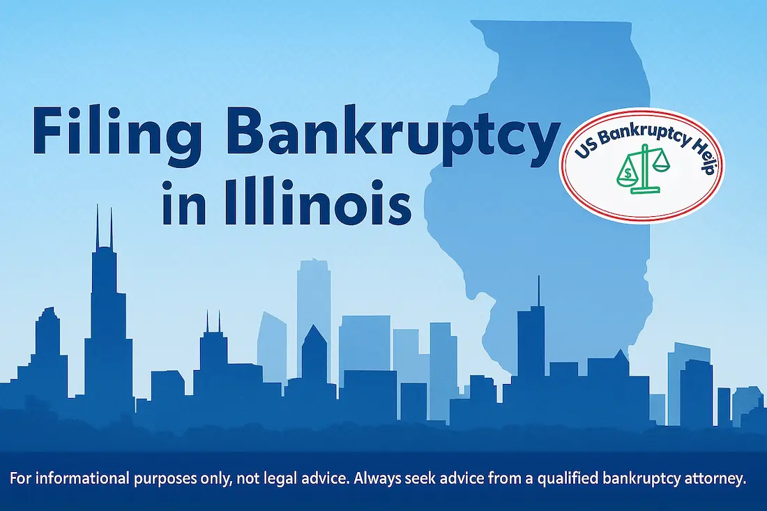 Hero banner for the Illinois bankruptcy page with the heading ‘Filing Bankruptcy in Illinois,’ a blue Chicago skyline and Illinois state silhouette, US Bankruptcy Help oval logo branding, and a small legal-advice disclaimer at the bottom.
