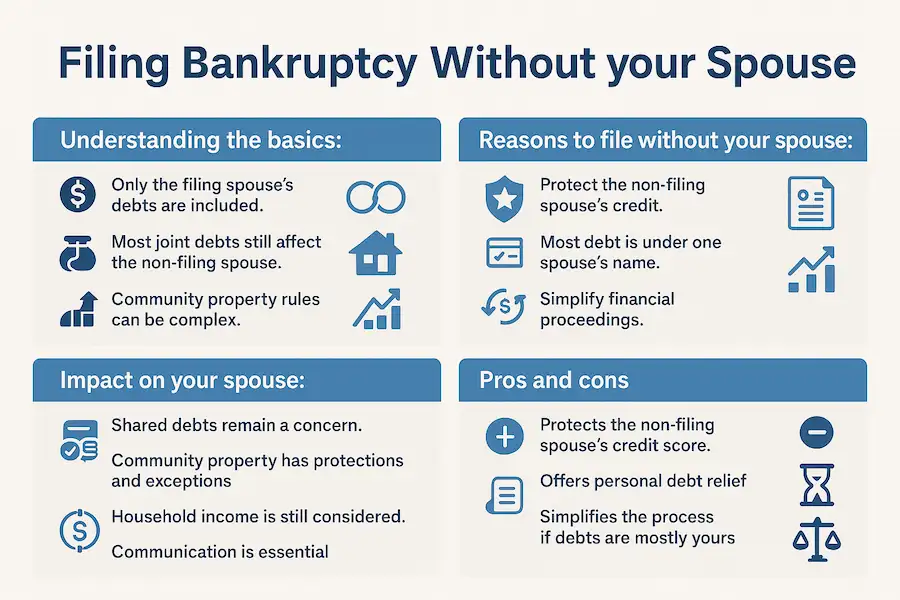 Infographic titled Filing Bankruptcy Without Your Spouse showing key points: one spouse can file individually, reasons to file separately, community property versus common law differences, how bankruptcy impacts a spouse, and pros and cons of filing alone.