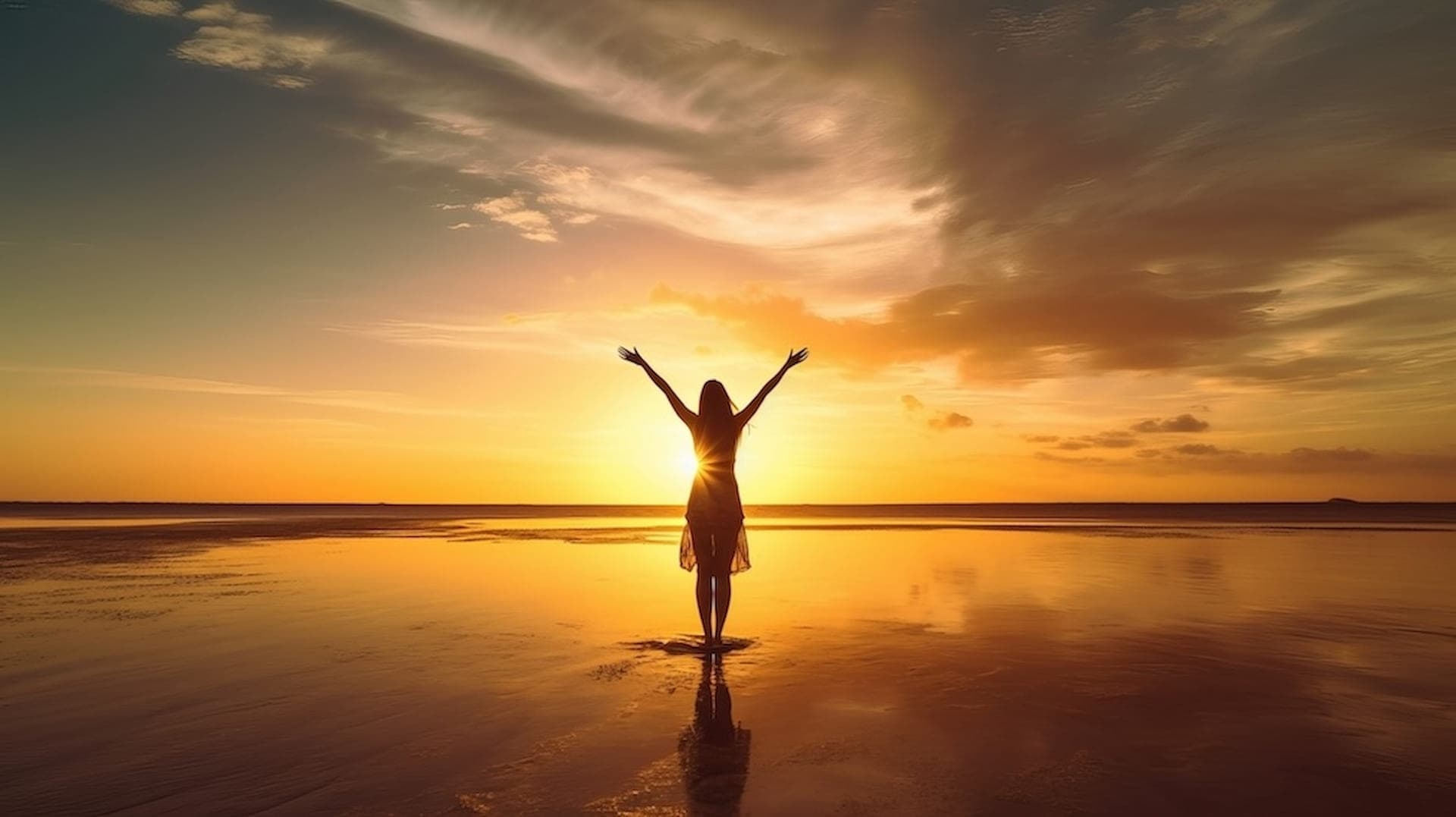 Person standing on a beach with arms raised toward the ocean