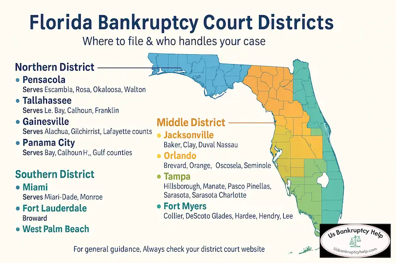 Florida Bankruptcy Court Districts map infographic showing Northern, Middle, and Southern District boundaries with labeled divisions (Pensacola, Tallahassee, Gainesville, Jacksonville, Orlando, Tampa, Fort Myers, Miami, Fort Lauderdale, West Palm Beach); US Bankruptcy Help logo.