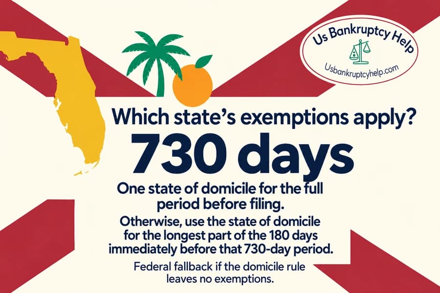 Florida 730-day domicile rule banner; the text explains the earlier 180-day lookback and federal fallback.