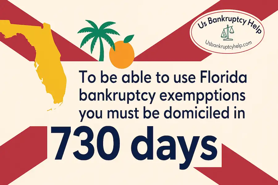 Florida bankruptcy exemptions: you must be domiciled in Florida for 730 days; wide banner with state flag motif, palm/orange graphics, and US Bankruptcy Help logo.