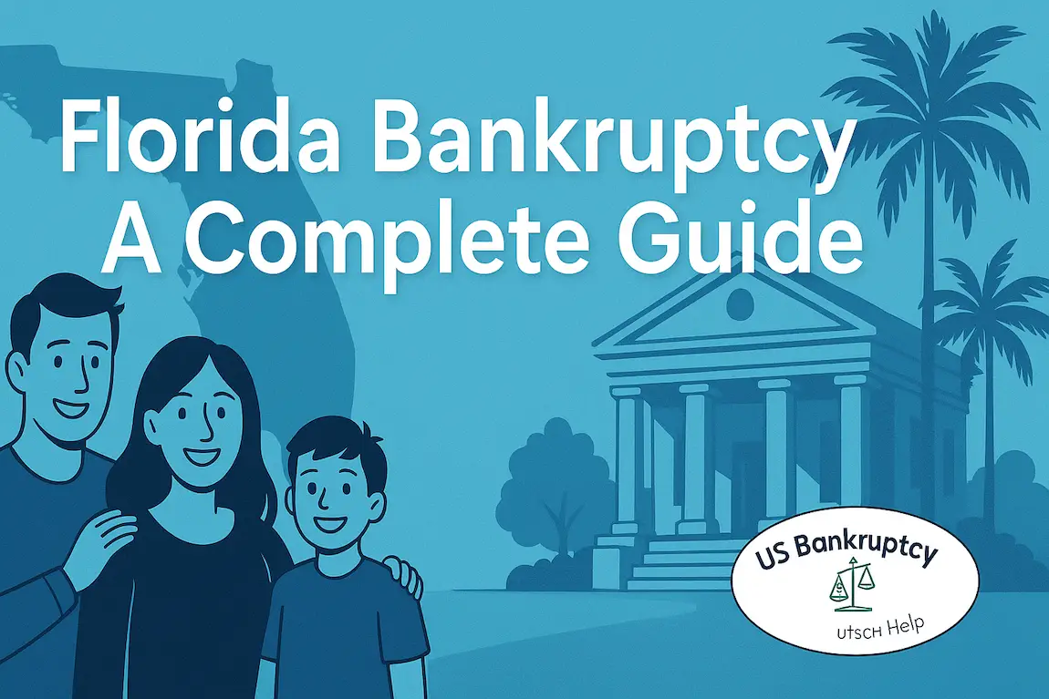 Florida Bankruptcy: A Complete Guide hero with Florida map silhouette, courthouse and palm trees, smiling family, and US Bankruptcy Help logo.