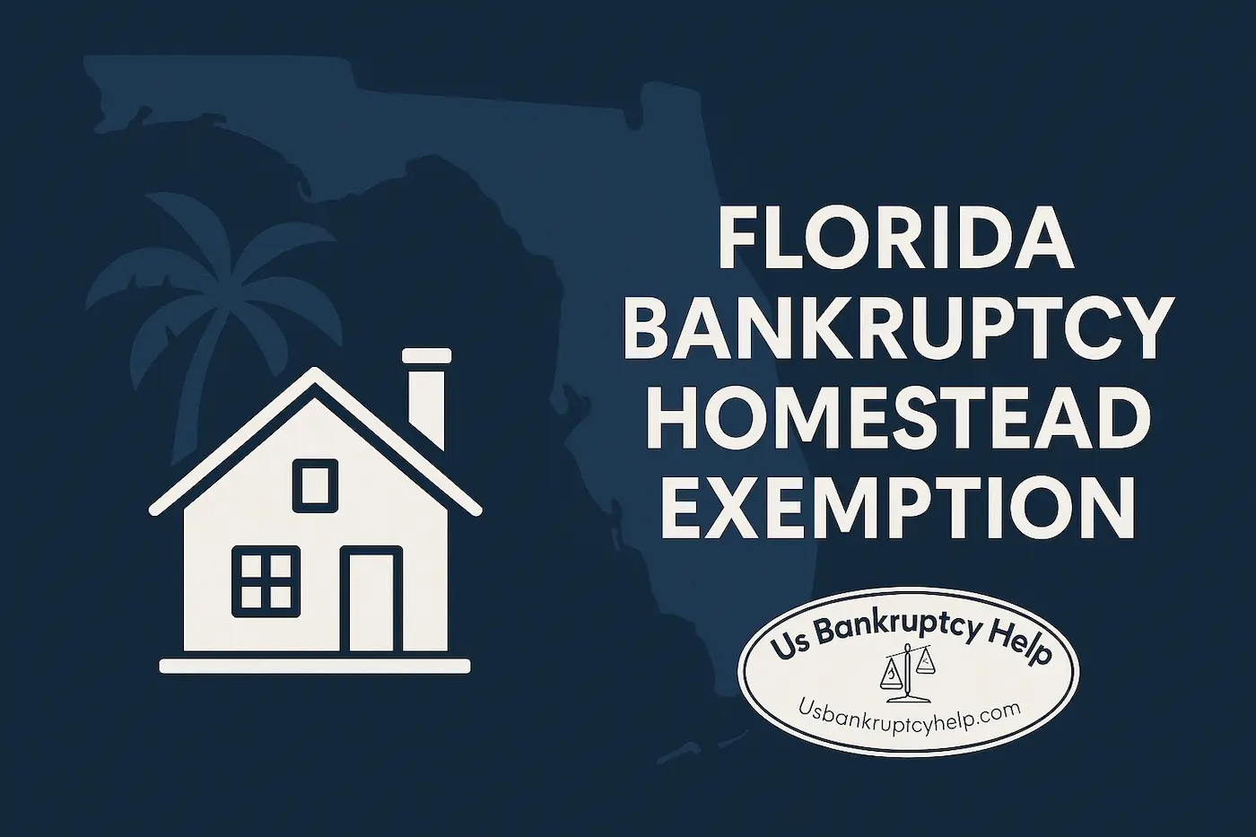 Hero banner for Florida Bankruptcy Homestead Exemption with Florida outline, house and palm trees, and Us Bankruptcy Help logo.