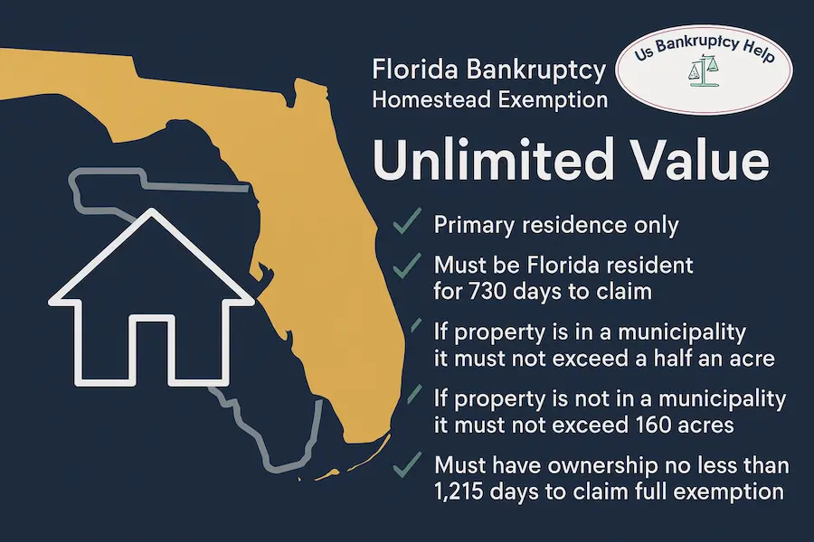 Infographic of Florida Bankruptcy Homestead Exemption requirements: primary residence, 730-day FL residency, ≤½ acre in a municipality or ≤160 acres outside, and 1,215-day ownership—‘Unlimited Value’ with Us Bankruptcy Help logo.