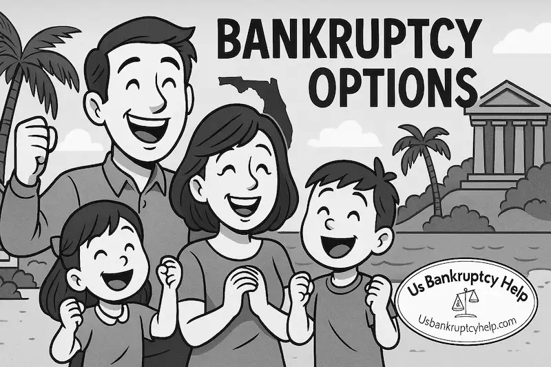 Black-and-white cartoon of a smiling Florida family with palm tree and state outline; headline reads “Bankruptcy Laws in Florida”with the US Bankruptcy Help logo.