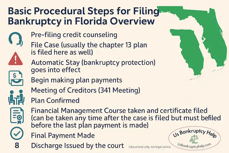 Florida Chapter 13 bankruptcy steps: 1) credit counseling, 2) file case, 3) automatic stay, 4) plan payments, 5) 341 meeting, 6) plan confirmed, 7) financial management course, 8) discharge.