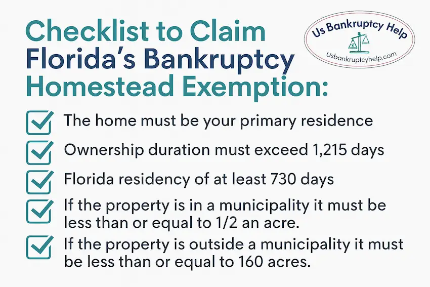 Checklist to claim Florida’s bankruptcy homestead exemption: primary home, ownership >1,215 days, Florida residency ≥730 days, ≤½ acre in city or ≤160 acres outside.