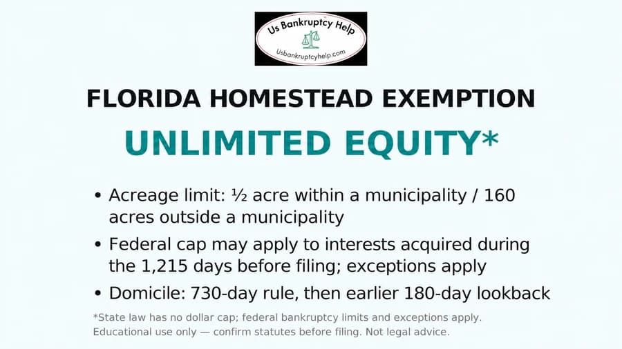 Florida homestead infographic showing acreage limits and simplified timing rules; see the text below about federal caps and domicile exceptions.