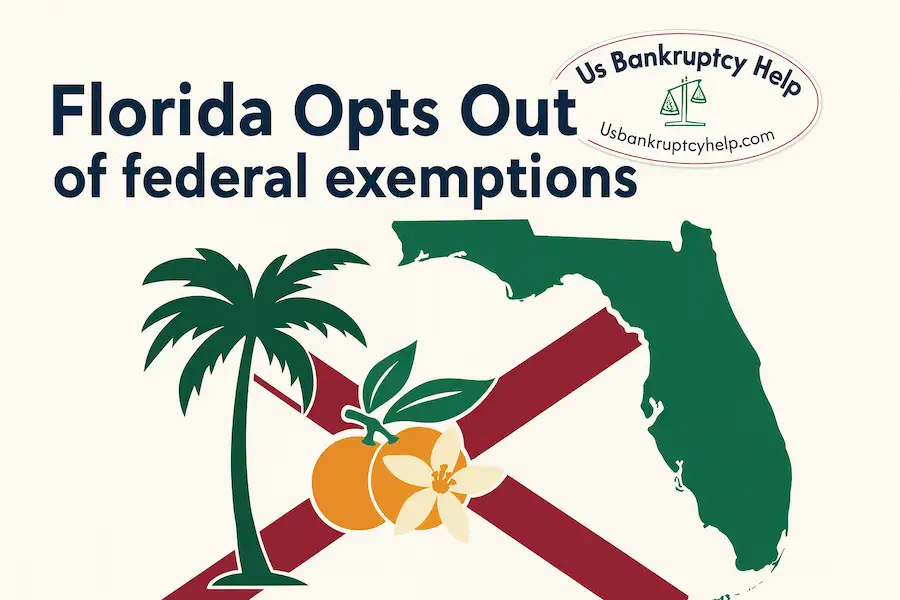 Florida bankruptcy exemptions: state opts out of federal exemptions — wide banner with Florida flag motif, palm/orange graphics, and US Bankruptcy Help logo.