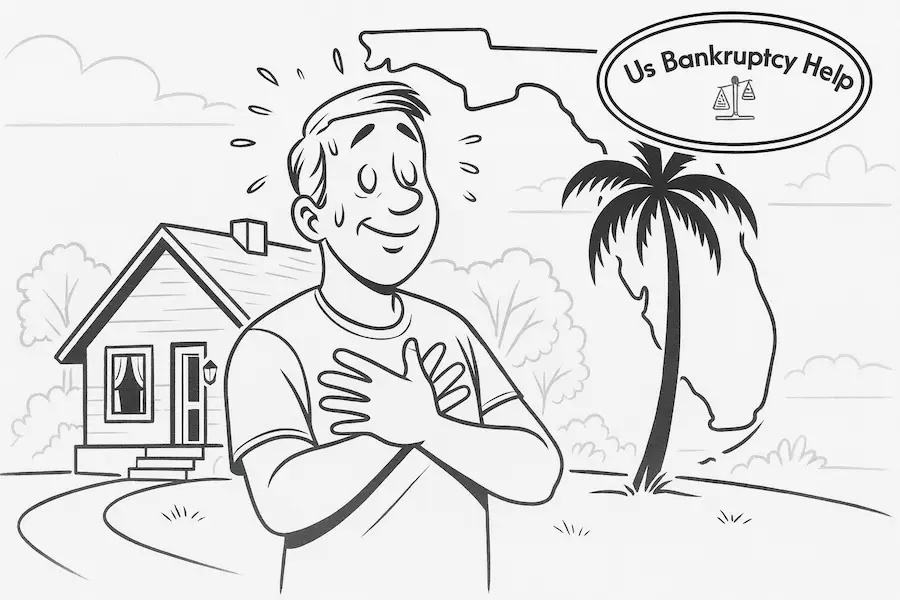 Black-and-white cartoon of a relieved Florida homeowner in front of his house with a palm tree and Florida outline, branded with the Us Bankruptcy Help logo—illustrating protection under Florida’s homestead exemption.