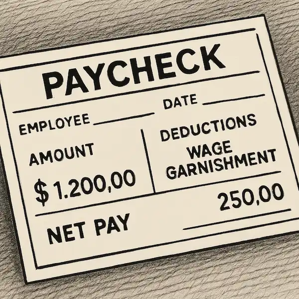 Cartoon image of a paycheck that is being garnished with an amount indicating a large gross pay and a small net pay.