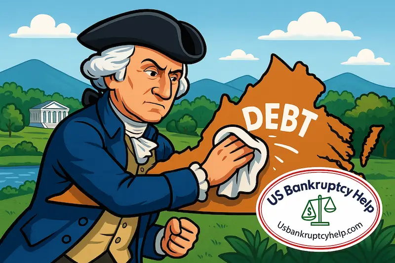 Cartoon-style illustration of George Washington in colonial uniform vigorously wiping the word DEBT off an orange silhouette of Virginia in a green park setting, with mountains and a classical building in the background and the US Bankruptcy Help logo in the corner, plus a small disclaimer reading "For informational purposes only, not legal advice. Always seek advice from a qualified bankruptcy attorney."