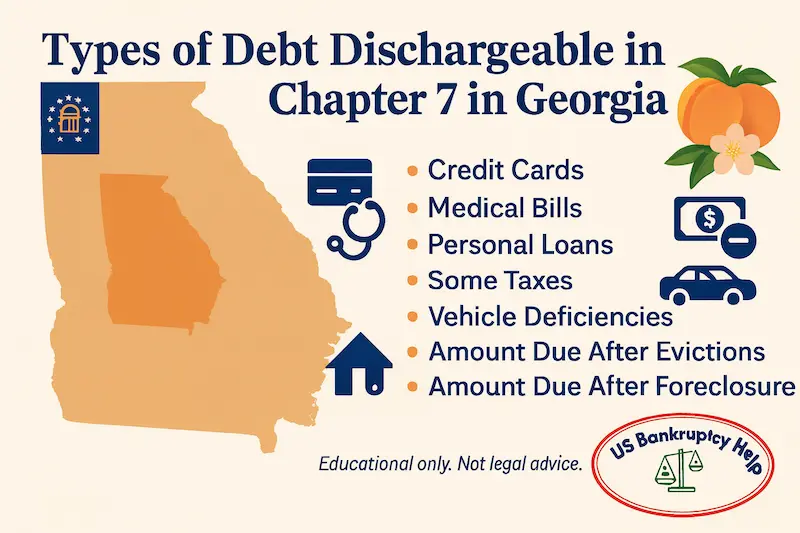Infographic showing types of debt dischargeable in chapter 7 in Georgia—credit cards, medical bills, personal loans, some taxes, vehicle deficiencies, amounts due after evictions and after foreclosure—with Georgia map, peaches, and US Bankruptcy Help logo.