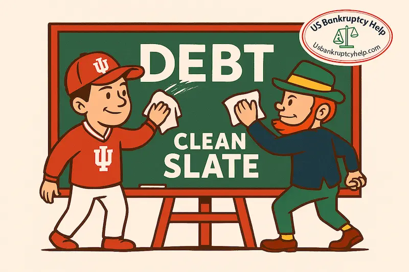 Fun intro illustration for an Indiana chapter 7 article showing an Indiana Hoosier fan in red and a Notre Dame–style Irish character in blue/gold wiping the word ‘DEBT’ from a chalkboard to reveal ‘CLEAN SLATE,’ branded with the US Bankruptcy Help logo in the corner.