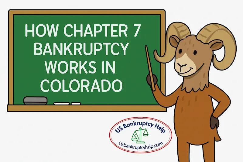 Cartoon Rocky Mountain bighorn sheep teaching a class and pointing to a green chalkboard that reads “How Chapter 7 Bankruptcy Works in Colorado,” with the US Bankruptcy Help logo below.
