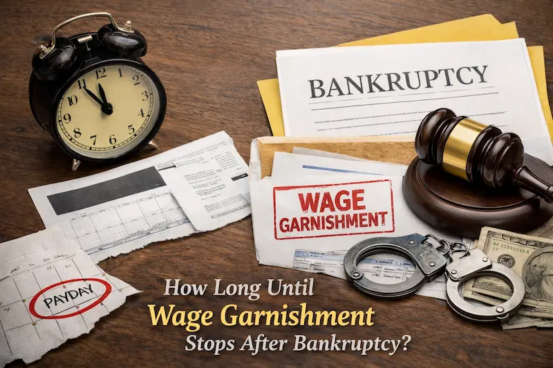 Wage garnishment paperwork, bankruptcy documents, a payday calendar, and a gavel arranged on a desk to illustrate how bankruptcy may affect wage garnishment timing