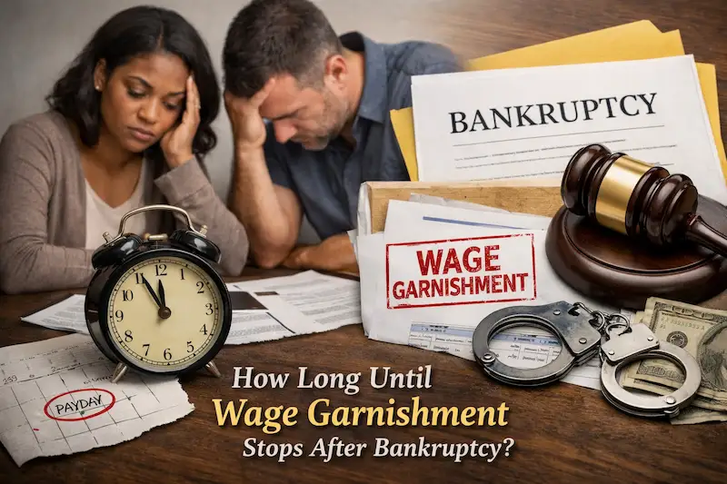Couple reviewing bills and legal paperwork while learning how fast bankruptcy may stop wage garnishment and affect upcoming paychecks.