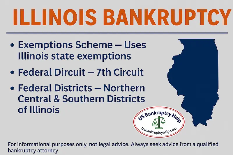 Wide banner titled ‘Illinois Bankruptcy’ in orange and navy with a navy Illinois silhouette; bullets state Illinois uses its own exemptions, is in the 7th Circuit, and has Northern, Central, and Southern Districts; US Bankruptcy Help logo and disclaimer along the bottom.