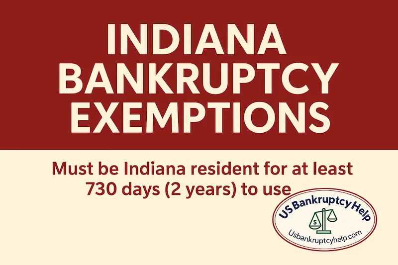 Graphic in Indiana Hoosier colors with the heading “Indiana Bankruptcy Exemptions” and text stating “Must be Indiana resident for at least 730 days (2 years) to use,” featuring the US Bankruptcy Help logo in the lower right corner.