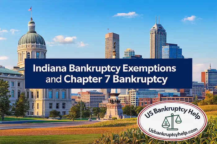 Illustrated banner of the Indiana Statehouse and Indianapolis skyline with the text “Indiana Bankruptcy Exemptions and Chapter 7 Bankruptcy,” featuring a green Indiana state outline and the US Bankruptcy Help logo in the lower right.