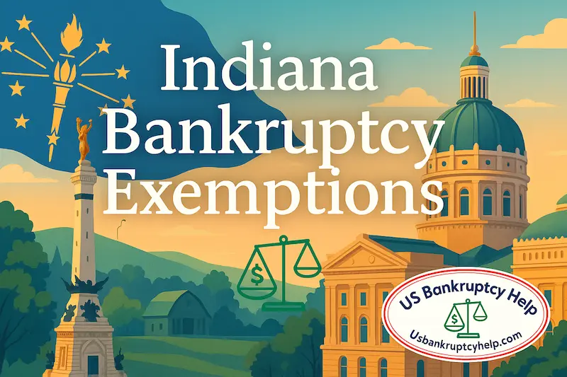 Illustrated hero image for Indiana bankruptcy exemptions showing the Indiana Statehouse dome, the Soldiers and Sailors Monument, rolling green Indiana countryside, and the US Bankruptcy Help logo, with the heading text “Indiana Bankruptcy Exemptions” across the center.