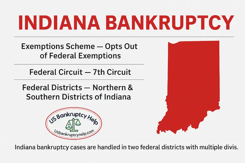 Indiana bankruptcy overview graphic in red and white: headline ‘Indiana Bankruptcy’; notes Indiana opts out of federal exemptions, is in the 7th Circuit, and has Northern & Southern Districts; red Indiana map at right; US Bankruptcy Help logo bottom right.