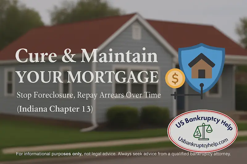 Cure & Maintain Your Mortgage in Indiana—photo of a modest home with shield/house icon, headline text, and the US Bankruptcy Help logo indicating Chapter 13 relief.