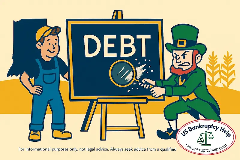 Indiana Chapter 13 FAQs banner with scattered question marks, bold title, and US Bankruptcy Help logo; small ‘not legal advice’ disclaimer along the bottom.