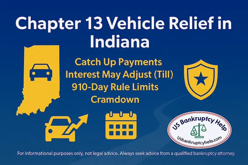 Chapter 13 vehicle relief in Indiana — graphic with Indiana outline and icons for car, interest adjustment (Till), shield, and calendar, explaining catch-up payments and how the 910-day rule limits cramdown, branded with the US Bankruptcy Help logo.