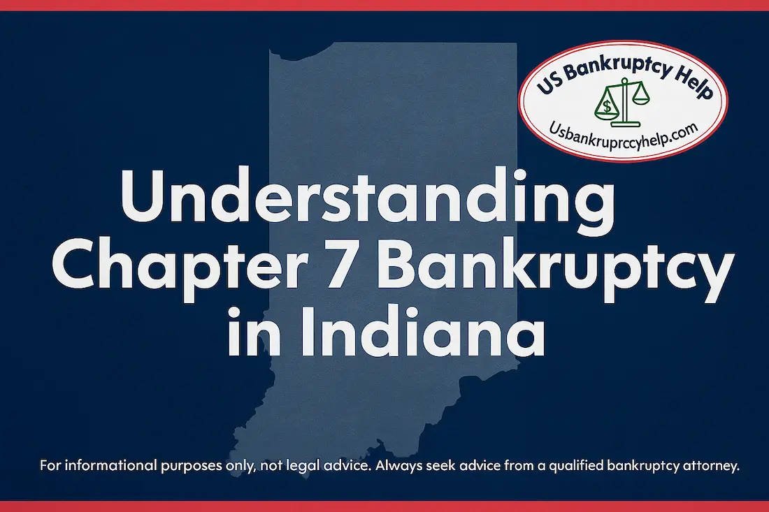 Wide hero banner for ‘Chapter 7 Bankruptcy in Indiana’ using Indiana Hoosier red-and-white styling with the US Bankruptcy Help logo in the corner, subtle outline of Indiana, large readable headline area, and a small disclaimer at the bottom.