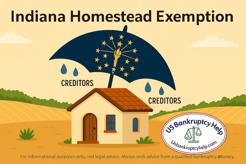 Illustration of an Indiana farmhouse protected by an umbrella patterned like the Indiana state flag, deflecting raindrops labeled creditors, with the US Bankruptcy Help logo and a small legal disclaimer at the bottom.