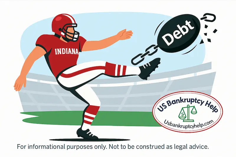Indiana Hoosier-style football player in red and white uniform punting a black football labeled ‘DEBT,’ chains breaking as the ball flies, set on a stadium field; symbolizes getting a fresh start through Indiana bankruptcy. US Bankruptcy Help logo at the lower right with small legal disclaimer.