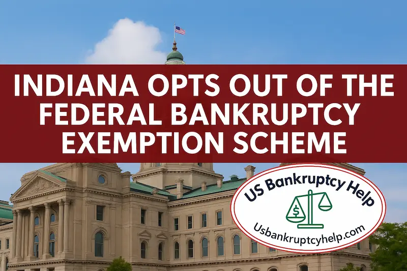 Banner image of the Indiana Statehouse with a red strip reading “Indiana opts out of the federal bankruptcy exemption scheme,” branded with the US Bankruptcy Help logo in the lower right.
